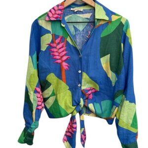 Christian Siriano New York: Blue and Green Abstract Floral Tie-Front shirt